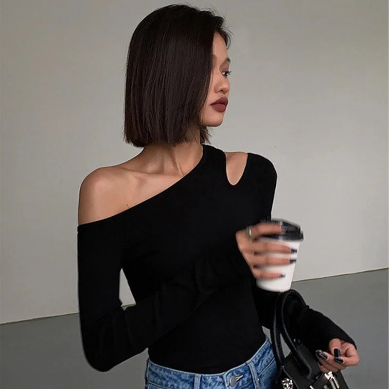 Skew Collar Off-shoulder Long-sleeved T-shirts Women Spring New Solid Slim Fit Crop Top Sexy Hollow Out Tees Shirts