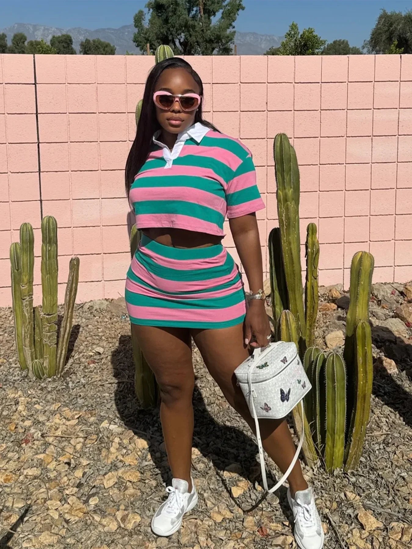 Striped Print Two Piece Set Women Casual Lapel Short Sleeved Polo Tshirt Skirt Two Piece Set Women