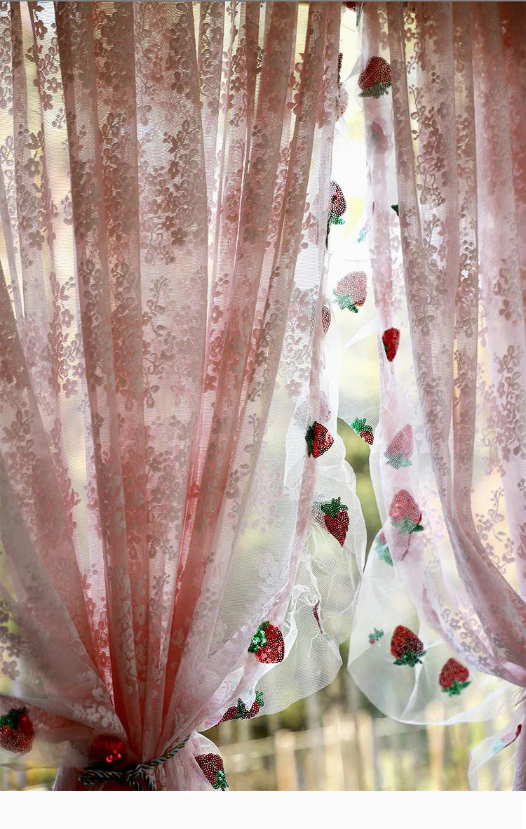 French Pink Lace Cute Strawberry Sequin Lace Curtains