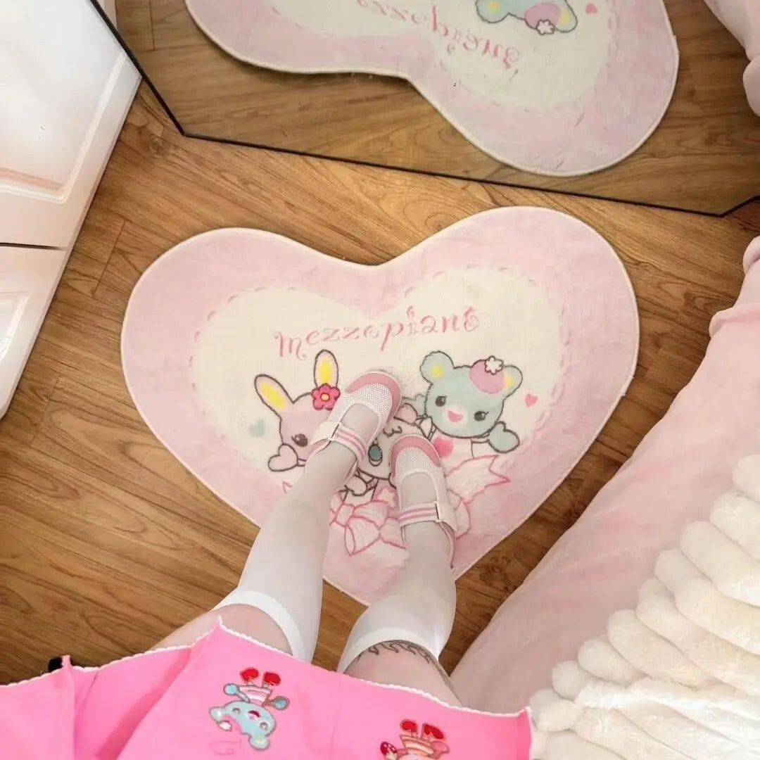 Japanese Cartoon Love Shape Carpet Lolita Cute Sweet Girl Fluffy Home Mats Imitation Cashmere Y2k Floor Mat