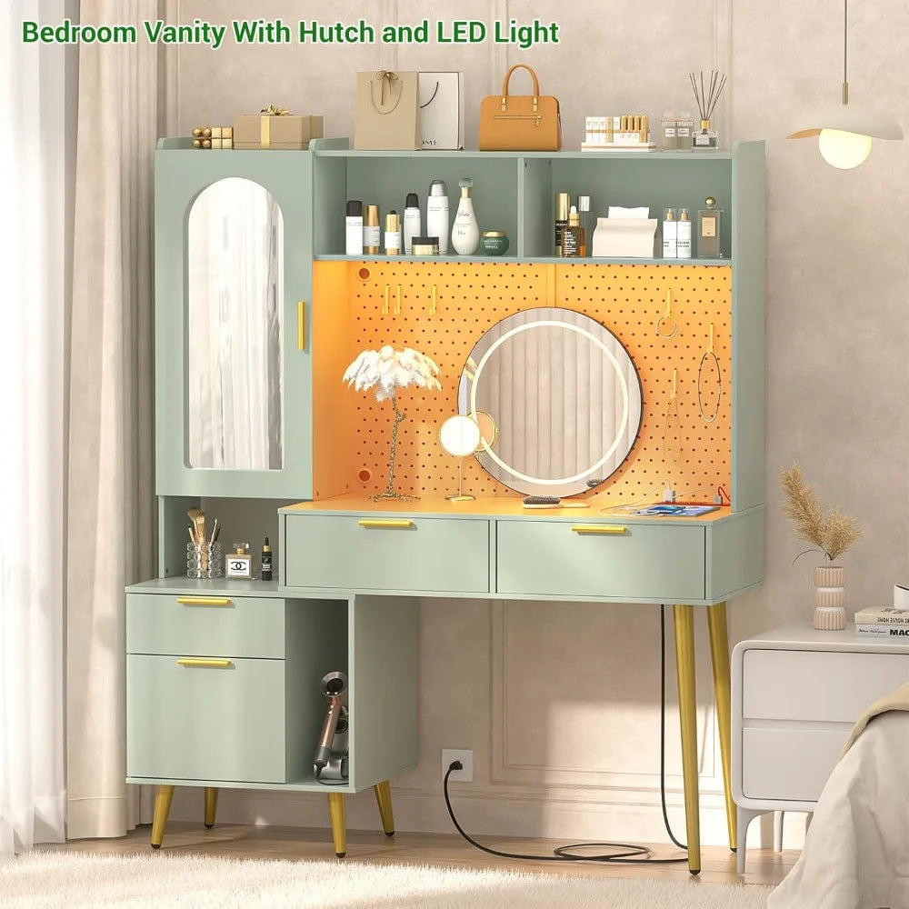 Makeup Vanity with Hutch, Modern Bedroom Vanity with Charging Station and LED, Tall Vanity Table with Pegboard, Mirror, 48''