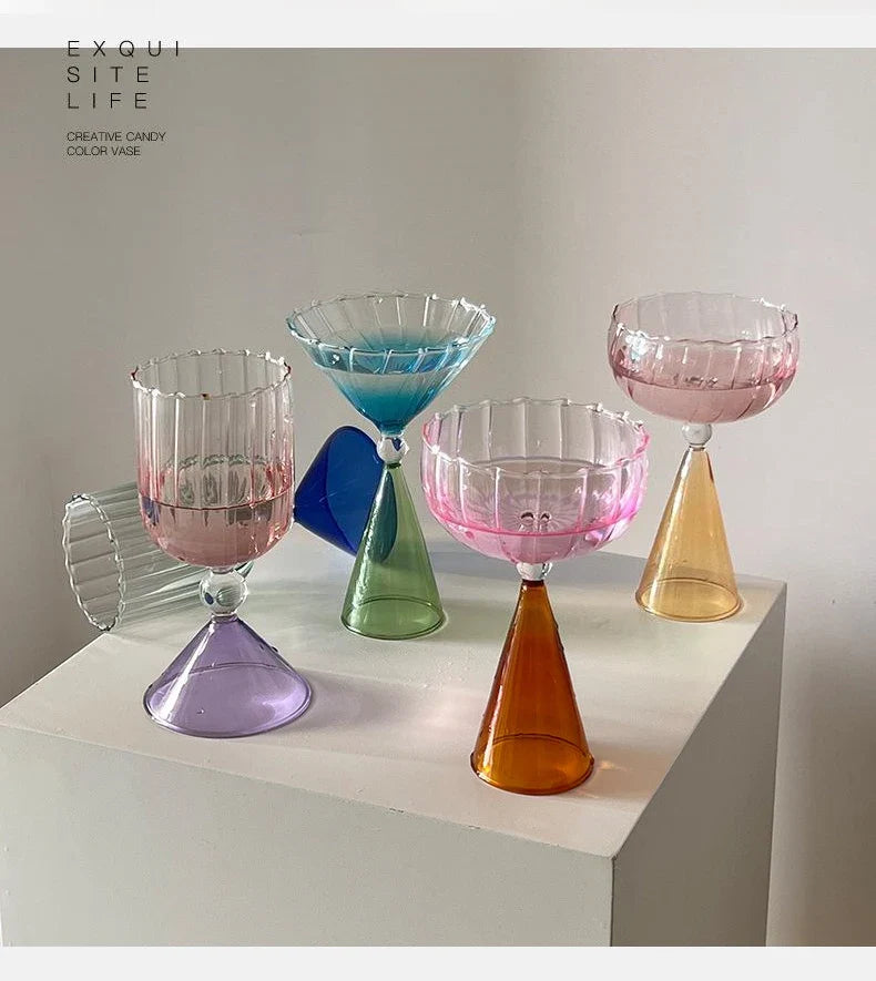 Clear Two Tone Green Blue Amber Purple Colored Ripple Style Martini Mojito Champagne Margarita Cocktail Glasses Goblet Cup