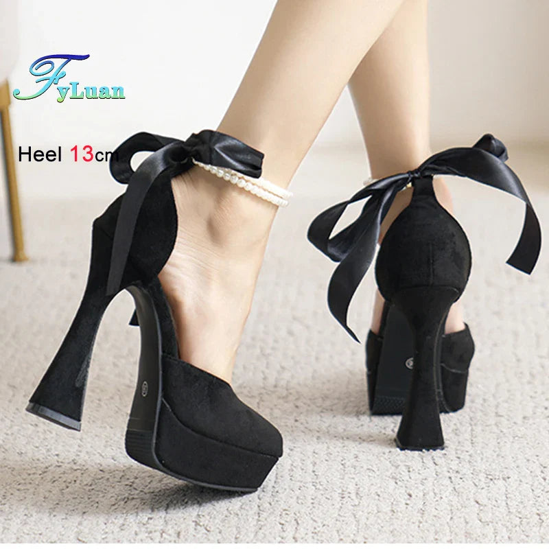 Fashion Super High Heels Sandals Bow Buckle Square Head Heels Ladies Shoes