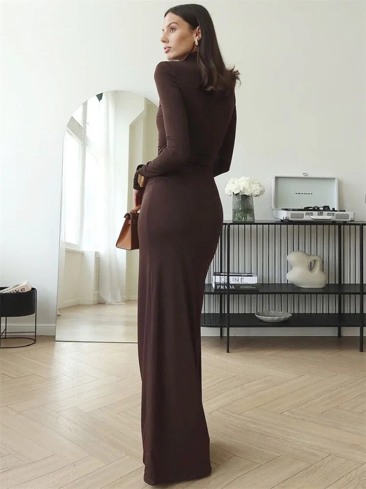 Pleated Bandage Long High Waist Slim Patchwork Long Sleeve Elegant Women's Maxi Dress