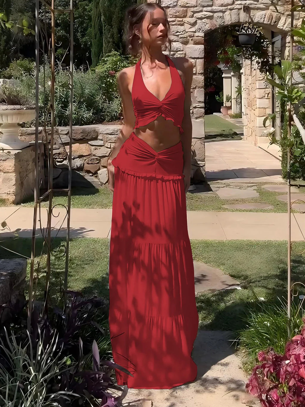 Sexy Elegant Ruched 2 Piece Skirt Set Lace Up Ruffles Patchwork Crop Top Tiered Maxi Skirt Matching Set