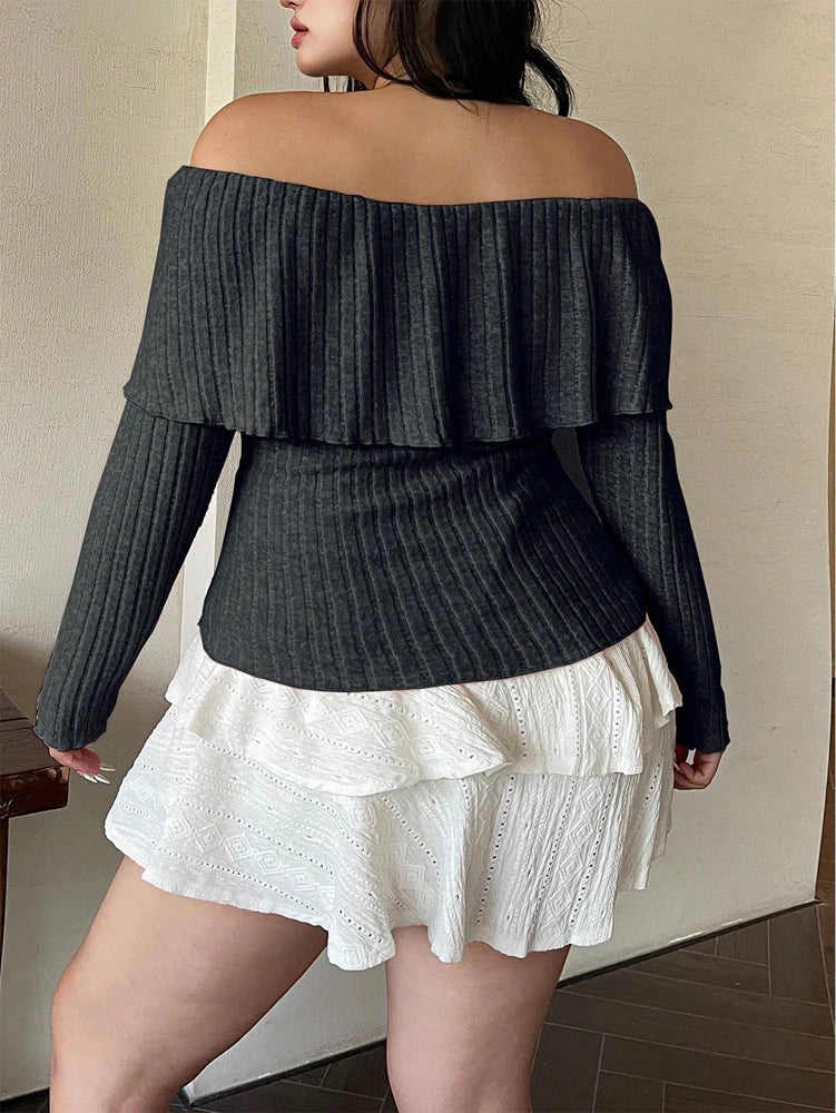 Plus Size Womens Solid Colour Strapless Long Sleeve Simple T Shirt Spring Daily Casual Dress Up Cute Wind Pure Colour Polyester