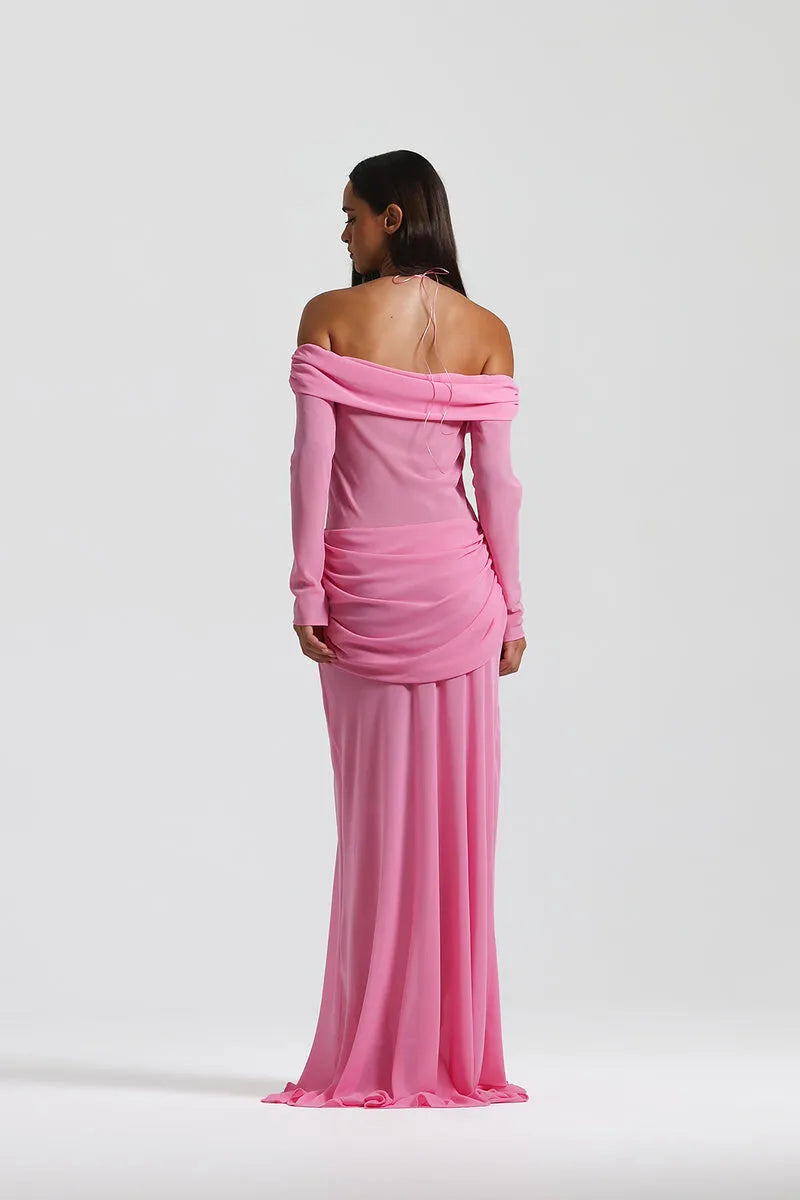 Hollow Out Ruched Sexy Maxi Dress Women Gown Halter Long Sleeve Strapless Backless Draped Slim Elegant Long Dress