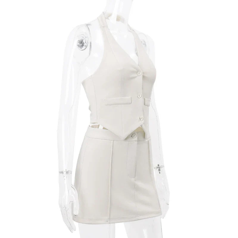 V-neck Sleeveless Suit Tank Top With High-waist Bodycon Hip Skirt Streetwear Retro Women 2 Piece Sets