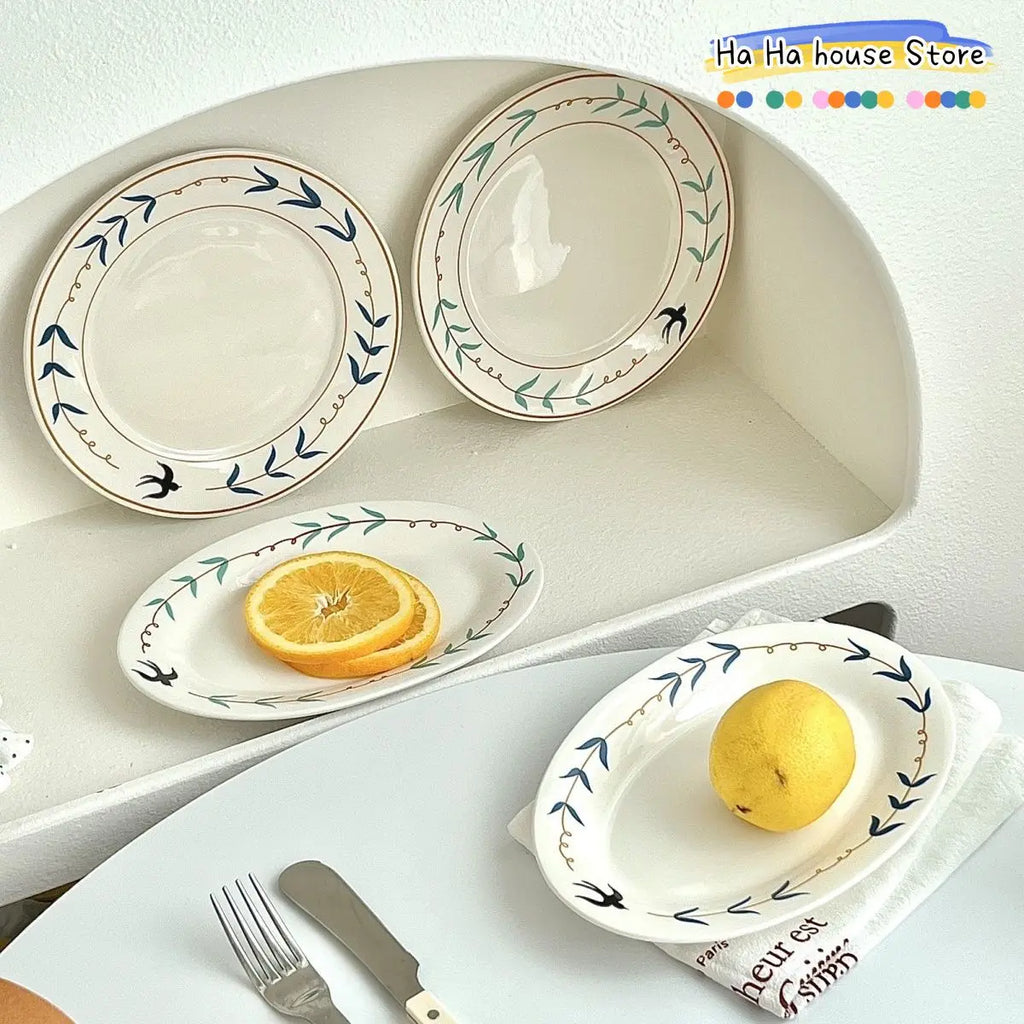 Gold Rim Leaf Pattern Round Serving Dishes Porcelain Kitchen Tableware