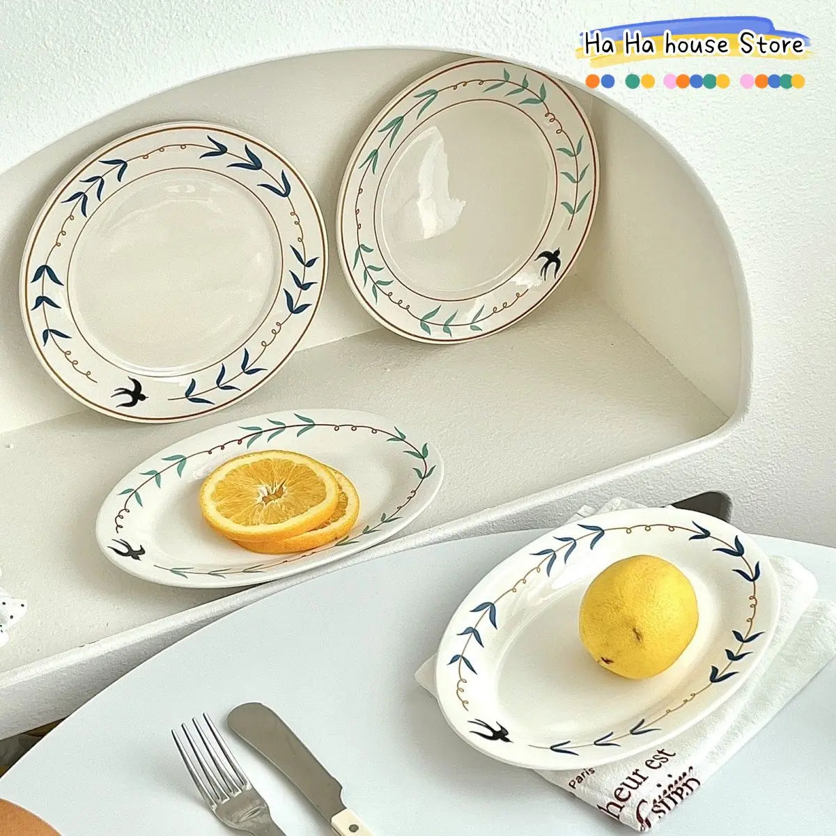 Gold Rim Leaf Pattern Round Serving Dishes Porcelain Kitchen Tableware