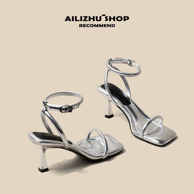 Women's High Heel Sandals Square Toe Thin Heels One-length Strip Open Toe Sandals