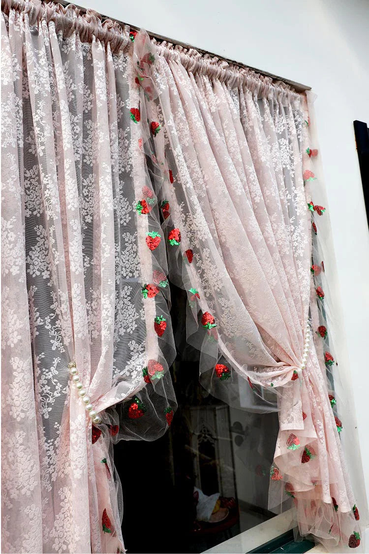 French Pink Lace Cute Strawberry Sequin Lace Curtains
