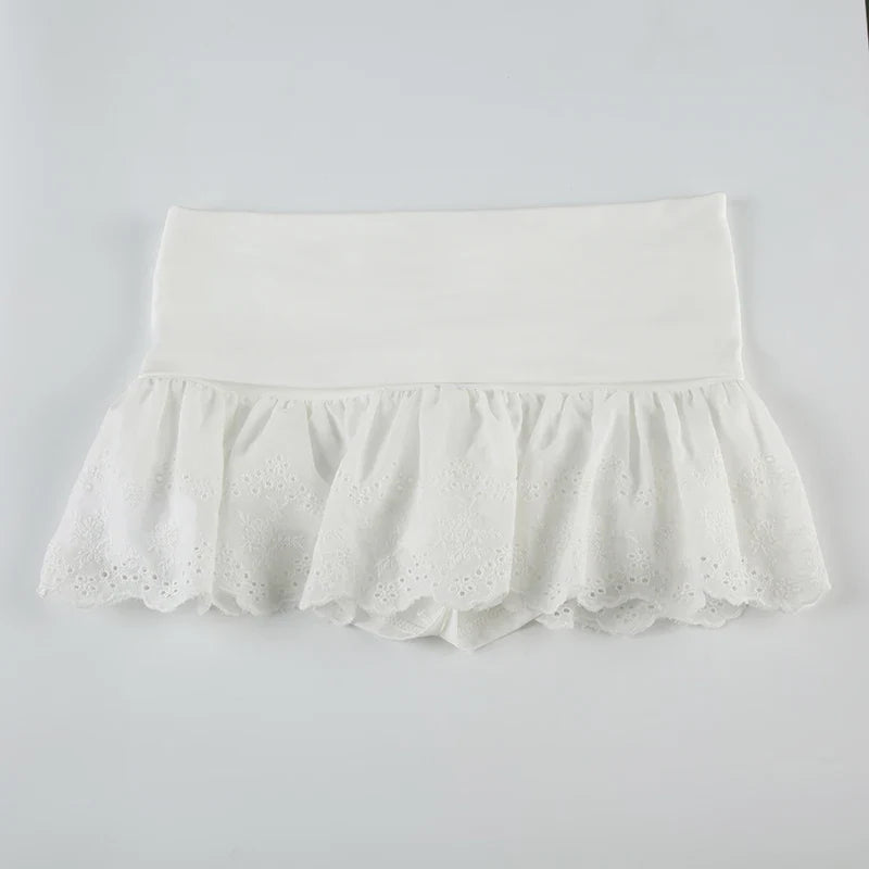 White Lace Pleated Skirt with Shorts Cute Coquette Low Rise Patchwork Super-short Mini Skirt