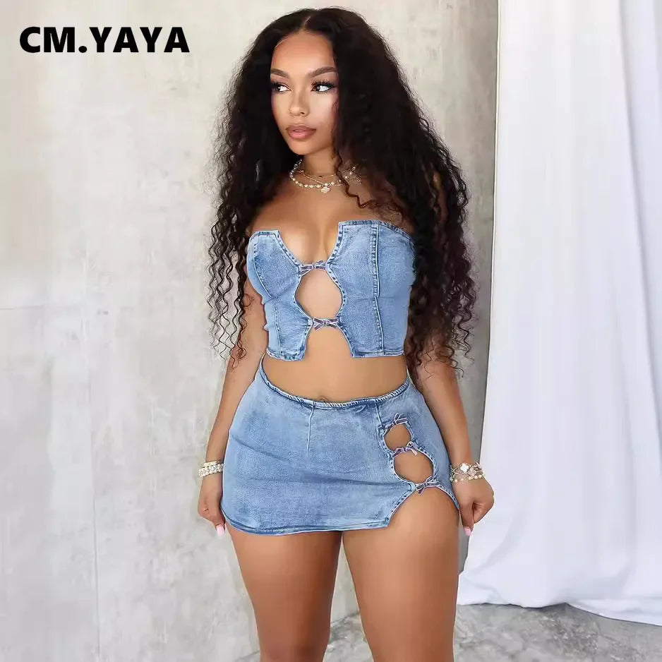 Women Set Sleeveless Denim Strapless Tops and Mini Skirt Suits Sexy Hollow Out Two 2 Piece Set Outfits