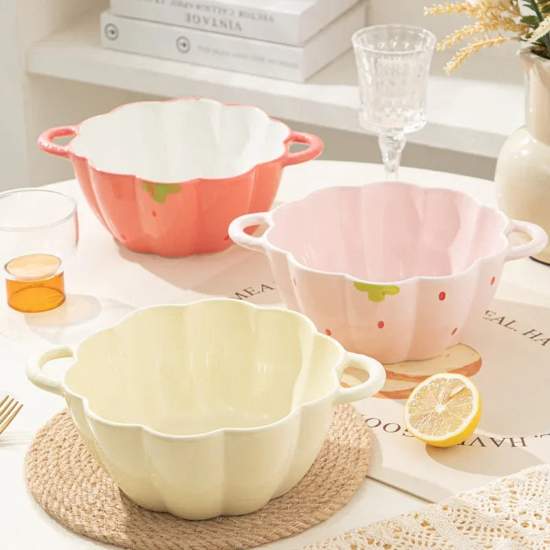 Strawberry Double Ear Ceramic Bowl,Cream 6.5-inch 9.5-inch Soup Bowl with Handle Home
