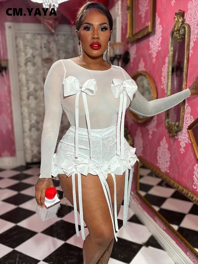 Women's Set Bow O-Neck Mesh Long Sleeve Tops + Velvet Shorts Sexy Two 2 Piece Outfit