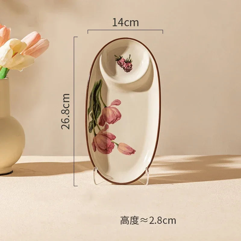 Retro Tulips Flower Ceramic Light Luxury Exquisite Dessert Plate