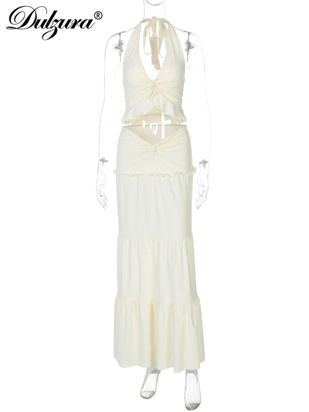 Sexy Elegant Ruched 2 Piece Skirt Set Lace Up Ruffles Patchwork Crop Top Tiered Maxi Skirt Matching Set