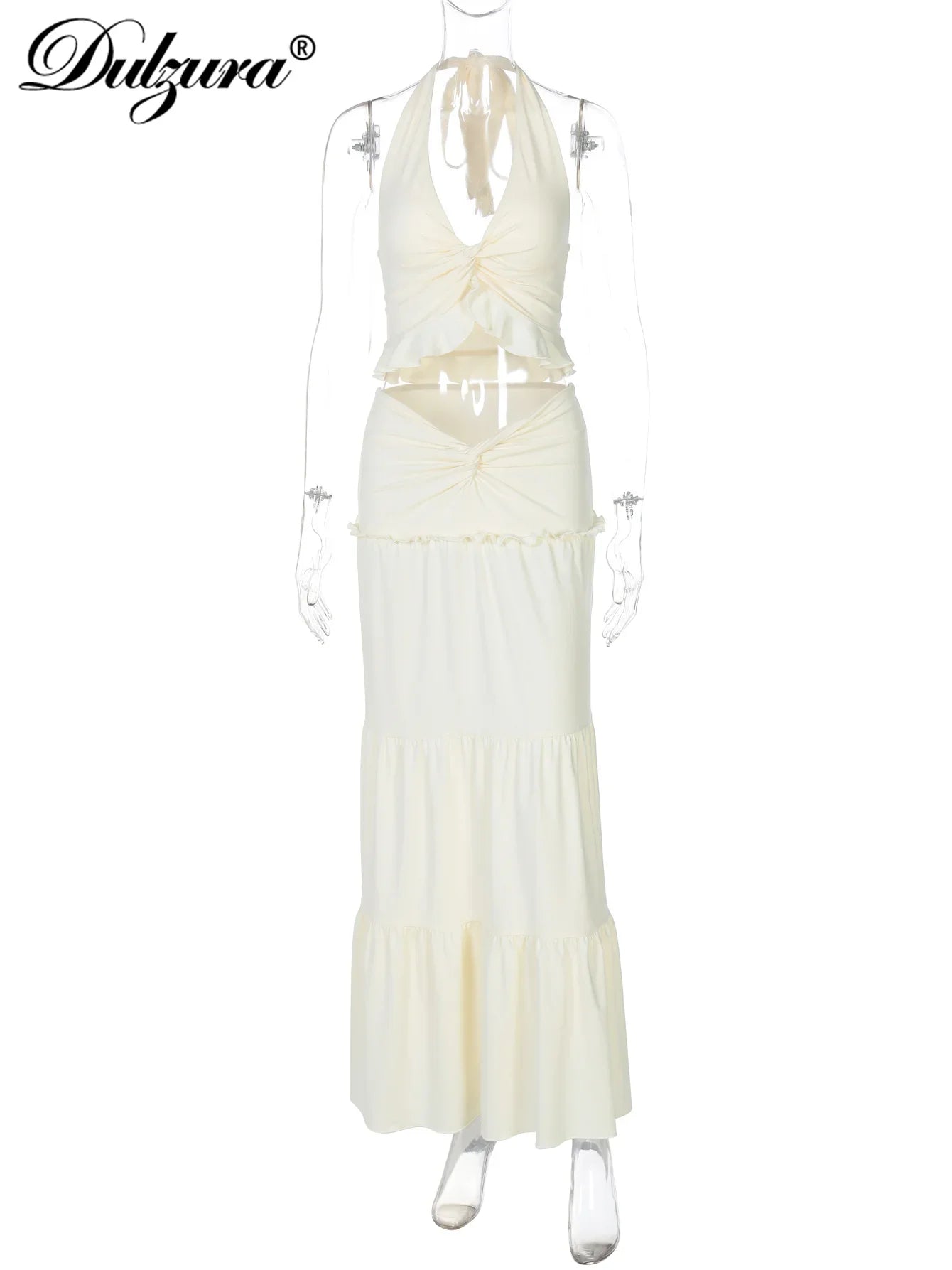 Sexy Elegant Ruched 2 Piece Skirt Set Lace Up Ruffles Patchwork Crop Top Tiered Maxi Skirt Matching Set