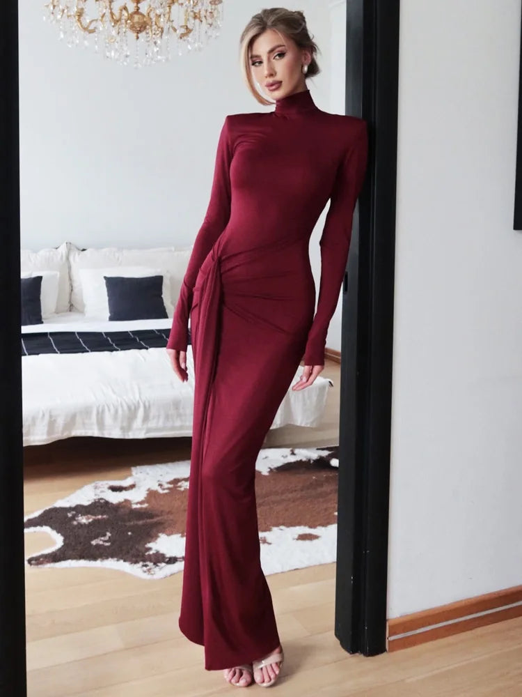 Pleated Bandage Long High Waist Slim Patchwork Long Sleeve Elegant Women's Maxi Dress