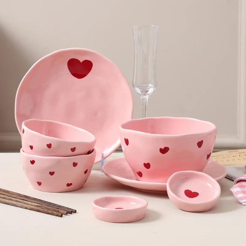 Pink Heart Pattern Ceramic Plate l Cup Bowl Dinner Tableware