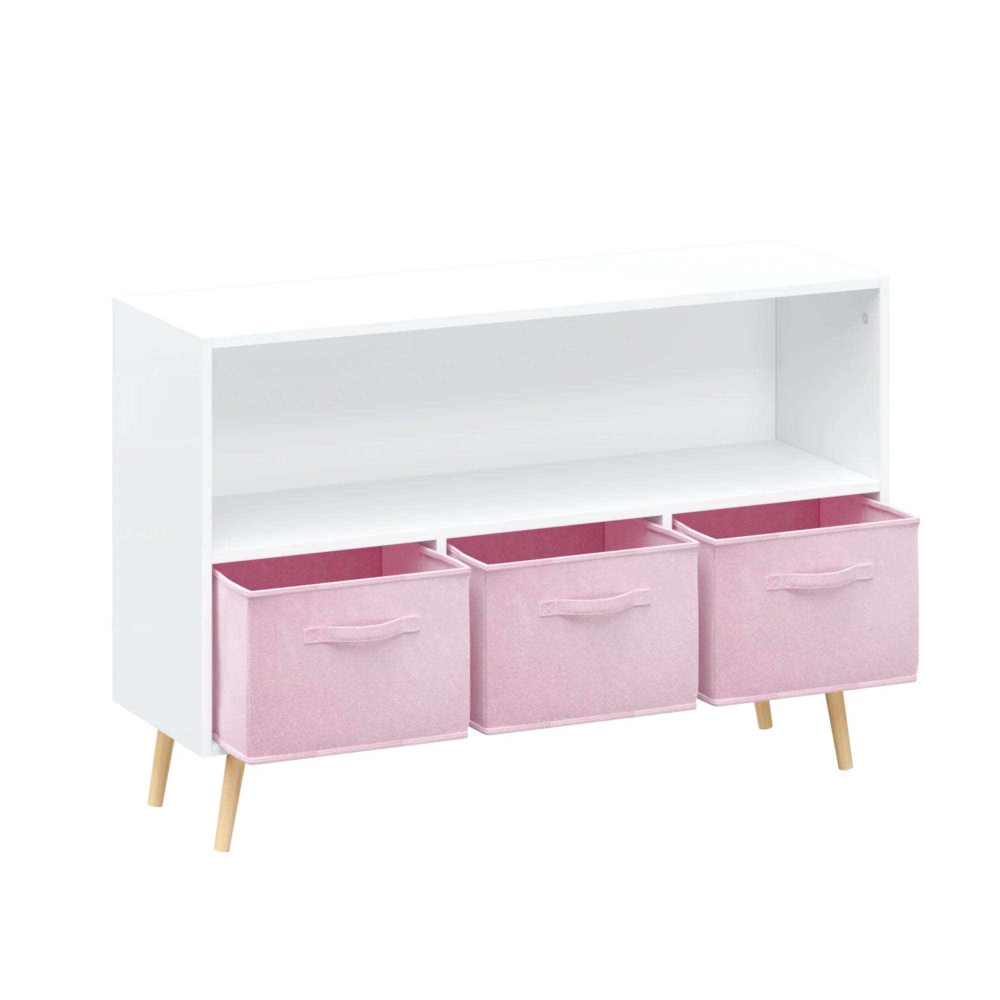 White/Pink Kids Bookcase with Collapsible Fabric Drawers, Children's Book Display, Toy Storage Cabinet Organizer