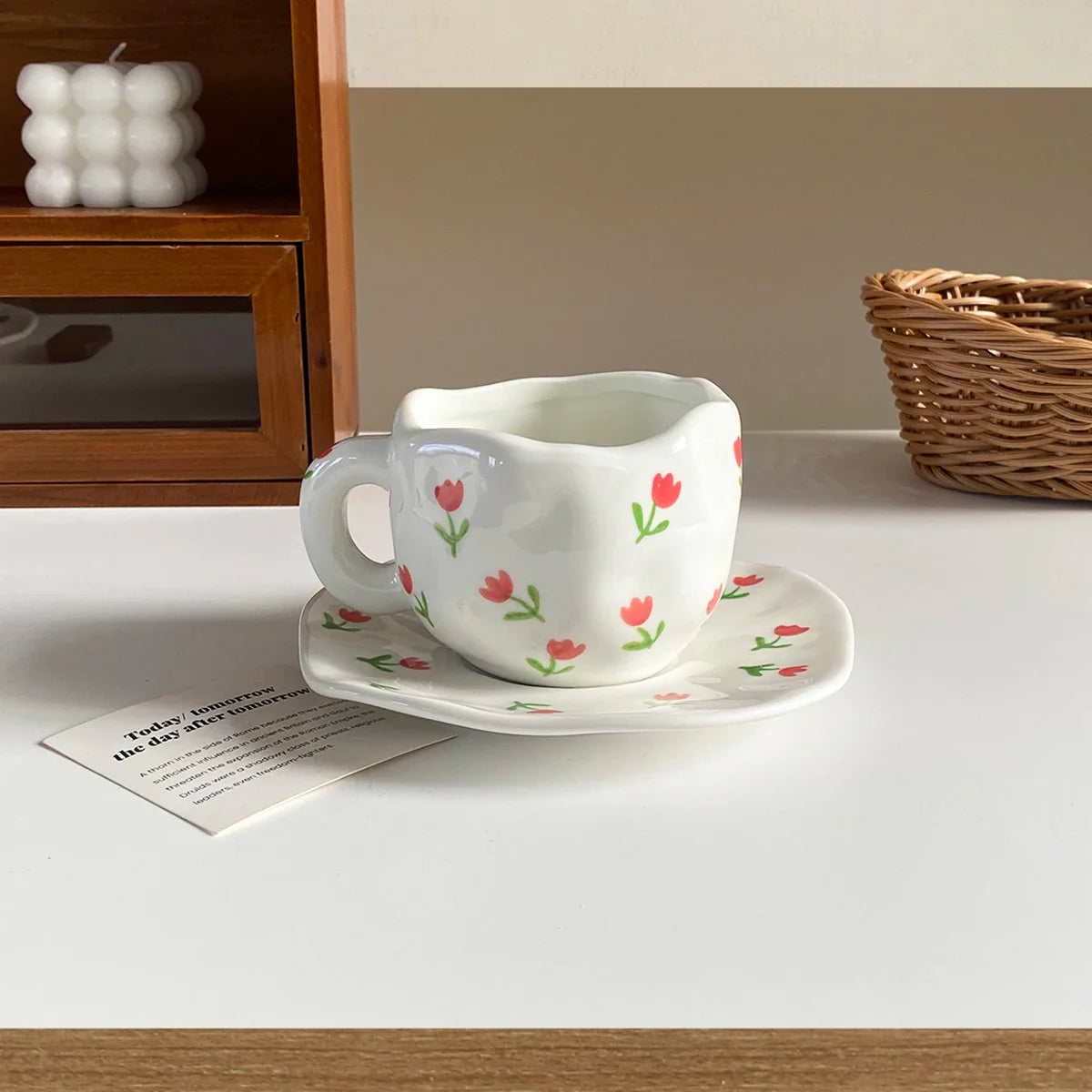 Hand-Kneaded Ceramic Cup and Saucer Multi-Color Plaid Heart Blue Sky and White Clouds Flower Mug Suitable for Afternoon Tea