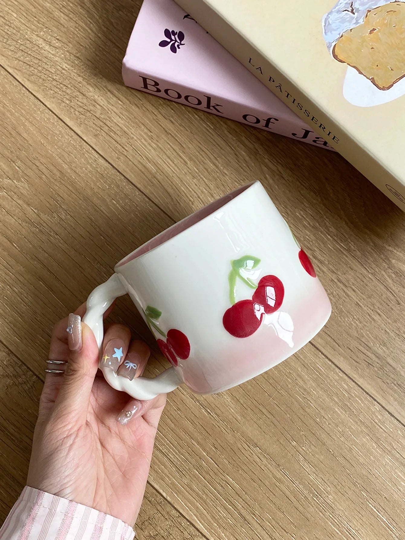 Pink Cherry Ceramic Mug, Twist Handle Ceramic Exquisite Pink Gradient Cup