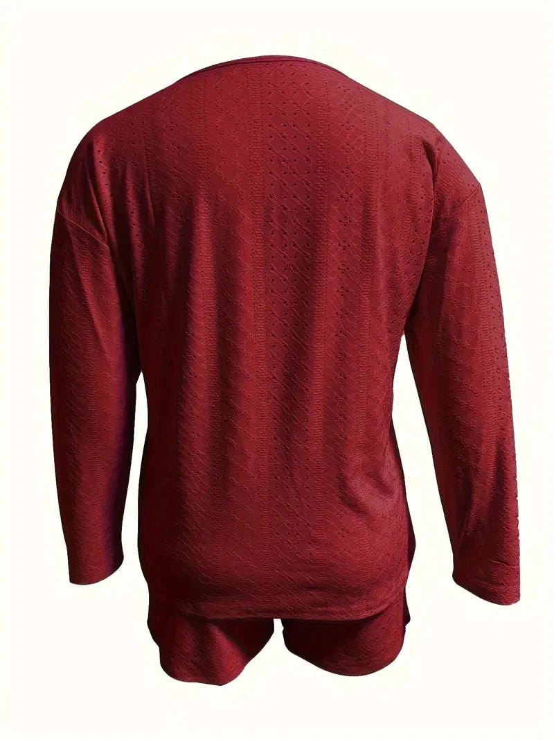 Plus Size Eyelet Casual Shorts Set, Crew Neck Long Sleeve Top & Shorts Outfits, Women's Plus Size Clothing