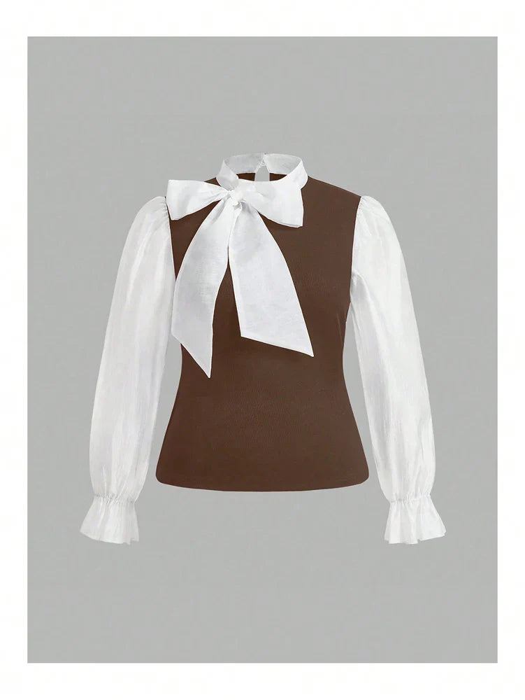 Plus Size Women's Elegant Contrast Bow Tie Long Sleeve A-Line Office Work Shirt Business