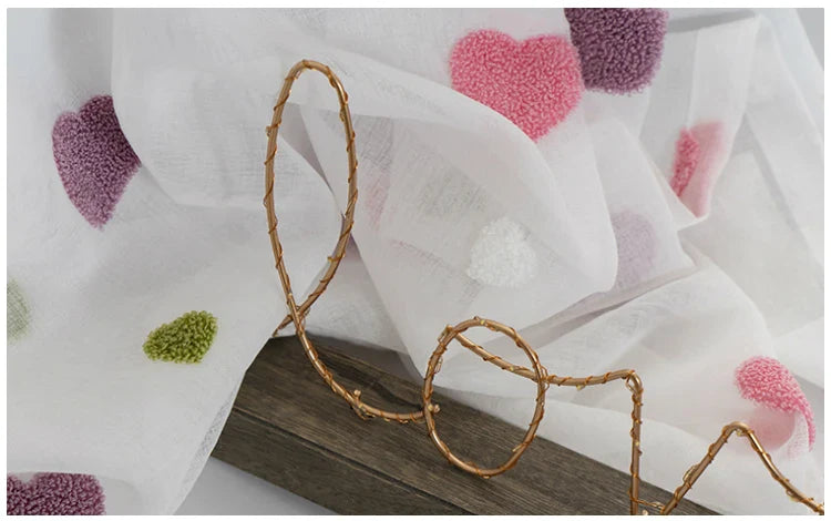Lovely Cartoon 3D Pink Heart Embroidery Tulle For Girl Bedroom Cute Lovely Sheer Curtains Drapes