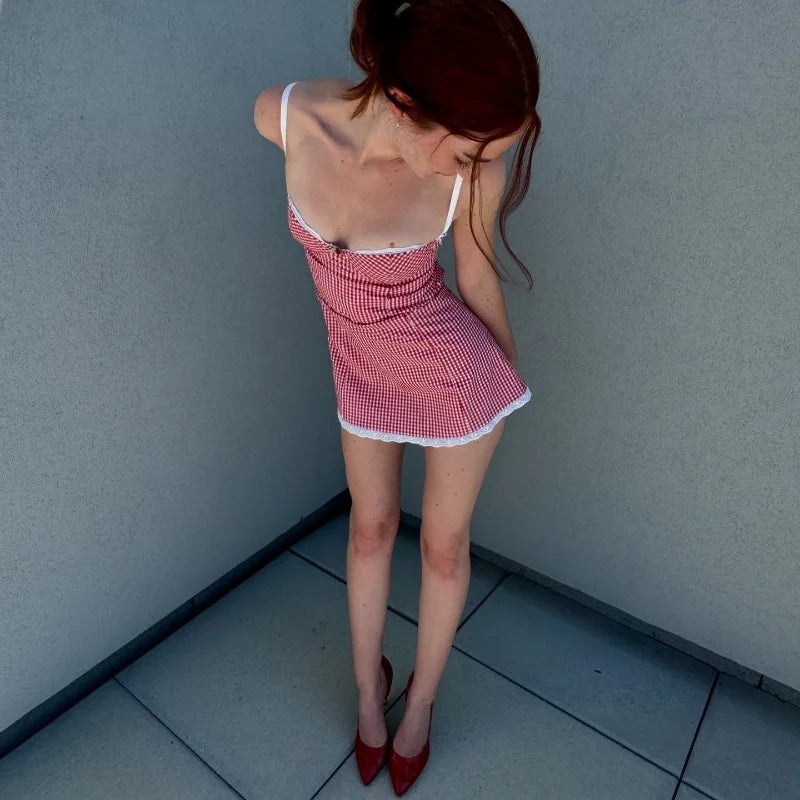 Plaid Y2K Lace Vintage Spaghetti Strap Mini Dresses Backless Aesthetic Casual Slim Dress