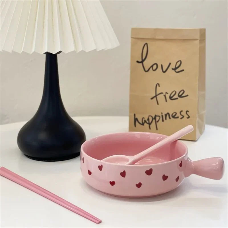 Pink Love Cutlery Set Rice Bowl Ceramic Double Ear Instant Noodle Soup Bowl Hand Paired Spoon Combination Noodle Bowl