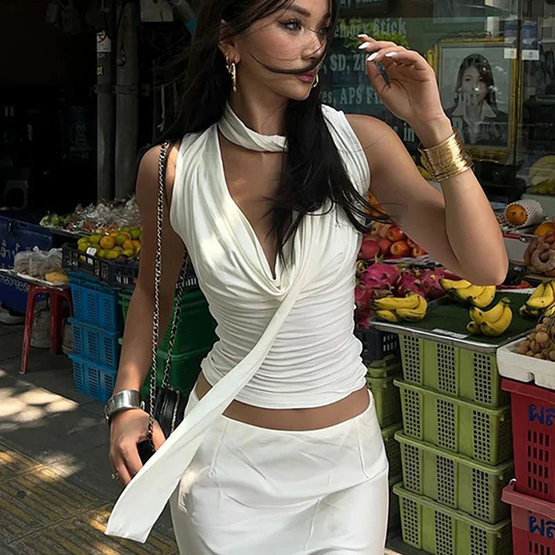 Summer New Tank Women Solid Sexy Sleeveless V-Neck Lady Top Fashion Bandage Streetwear Casual Slim Tank Elegant Knitted Clothing