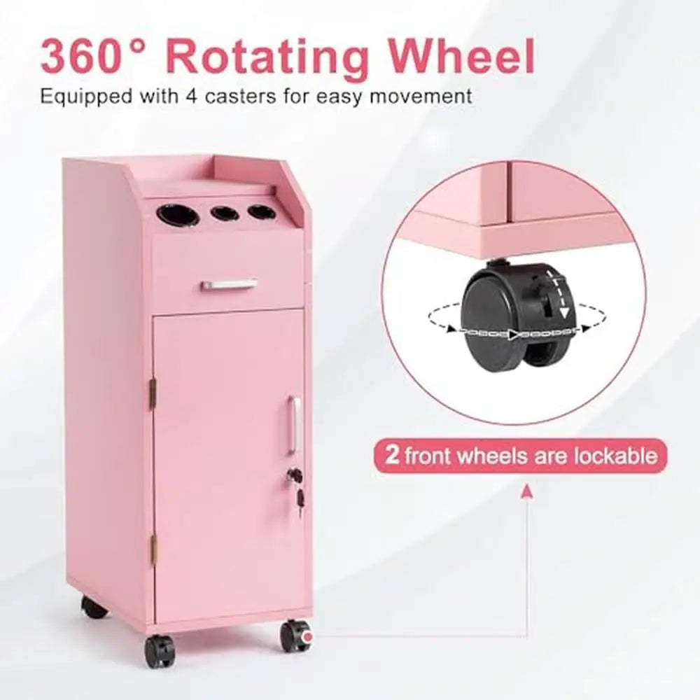 Hair Salon Trolley Cart with Lockable Wheels & 3 Hair Dryer Holders & 4 Drawers & Side Storage Tray Pink Cart