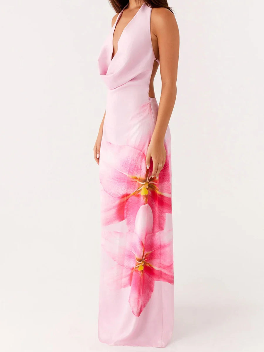 Summer Elegant Floral Print Sleeveless Halterneck Maxi Dress with Open Back