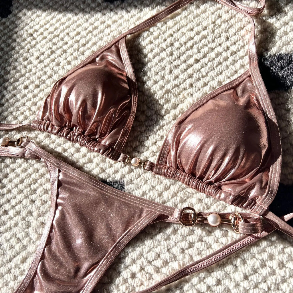 Shiny Micro Bikini Women Sexy PU Pearls Push Up Thong Swimsuit Summer Bathing Suit