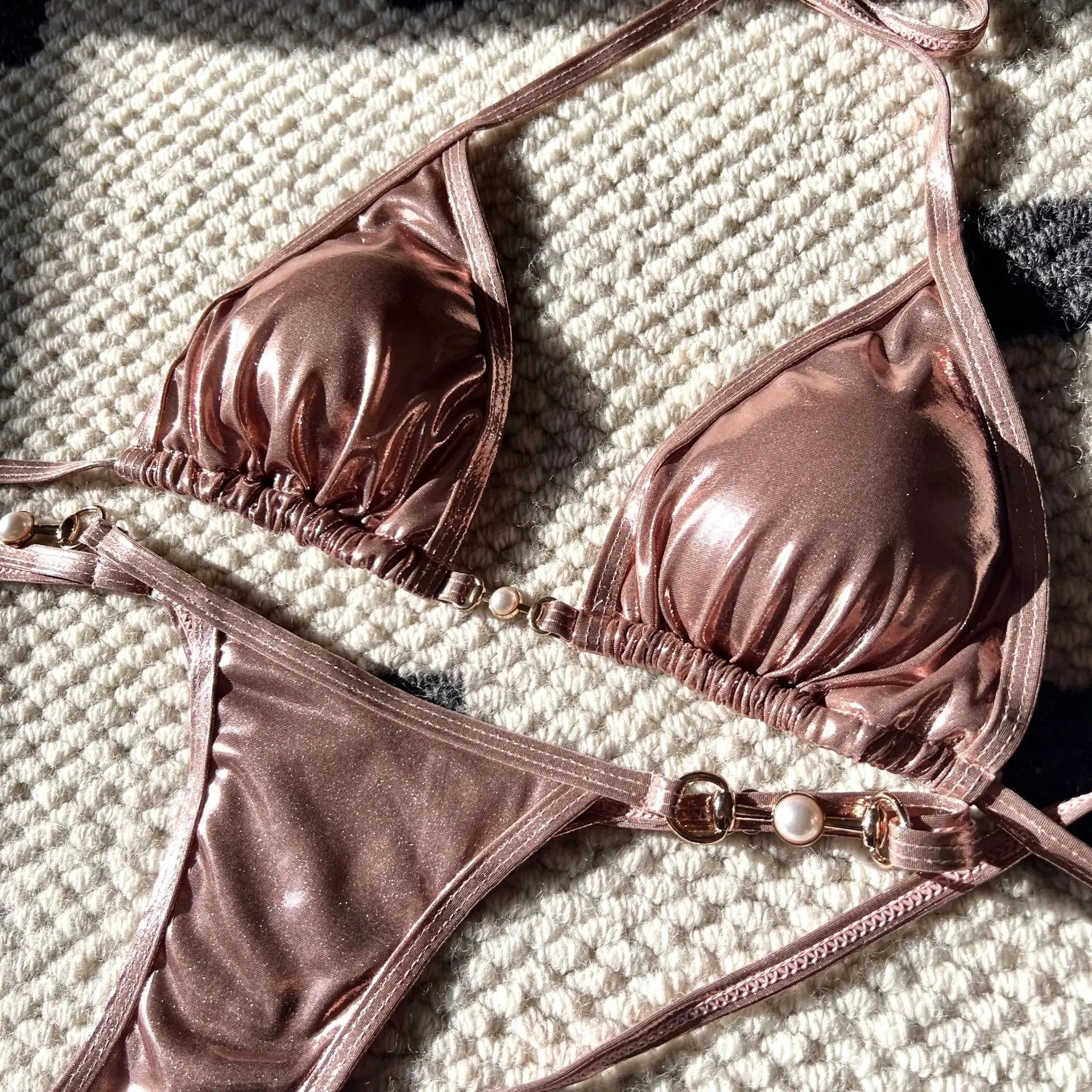 Shiny Micro Bikini Women Sexy PU Pearls Push Up Thong Swimsuit Summer Bathing Suit