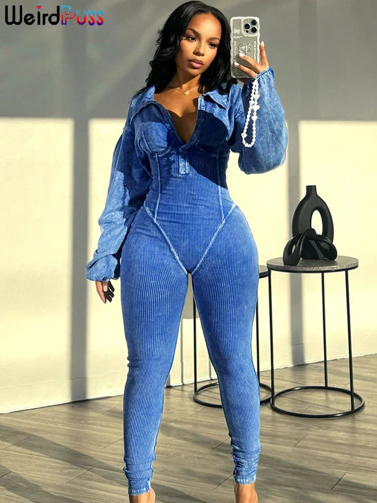 Washed Distressed Jumpsuit Women Ribbed V-Neck Solid SKinny Long Sleeve