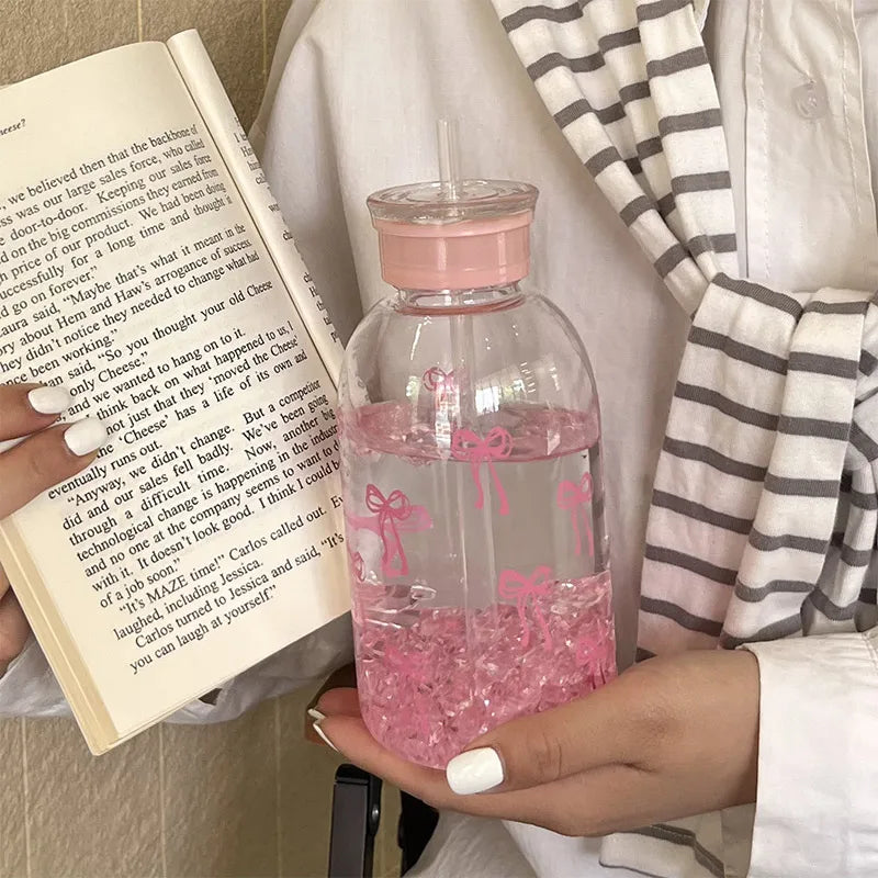 Cute Bow Plastic Bottle Ice With Straw Lid Sweet High-value Bow Cup Portable Cup