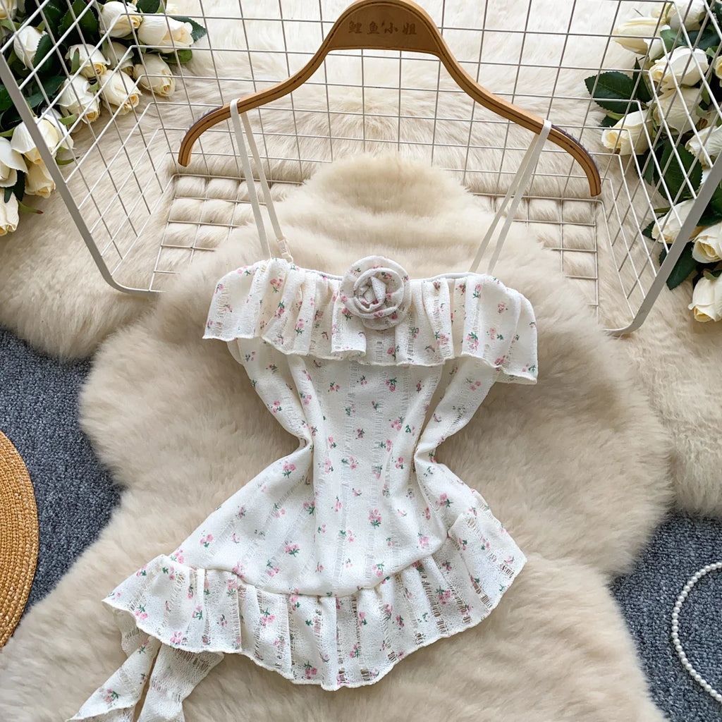 Ladies Floral Summer Camisole Sleeveless Irregular Slim Camis Women 3D Flower Ribbon Design Print Top