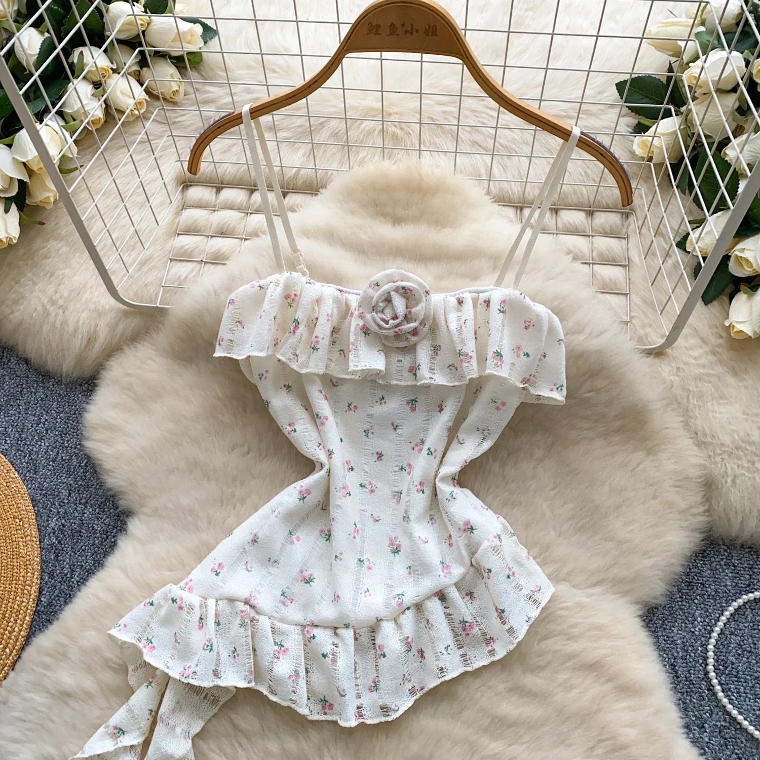 Ladies Floral Summer Camisole Sleeveless Irregular Slim Camis Women 3D Flower Ribbon Design Print Top