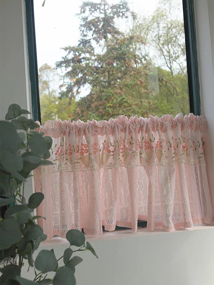 Pink Small Window Short Curtain Embroidery Floral Lace Half Window Curtains Sheer Tulle Home Decoration