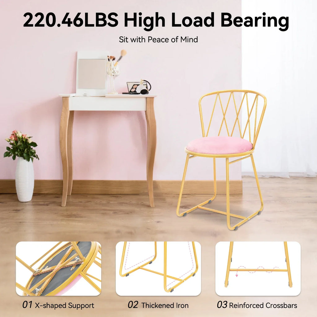 Pink Velvet Makeup Chair with Gold Base 50mm Thick Cushion & Modern Vanity Stool Foldable Backrest Freestanding