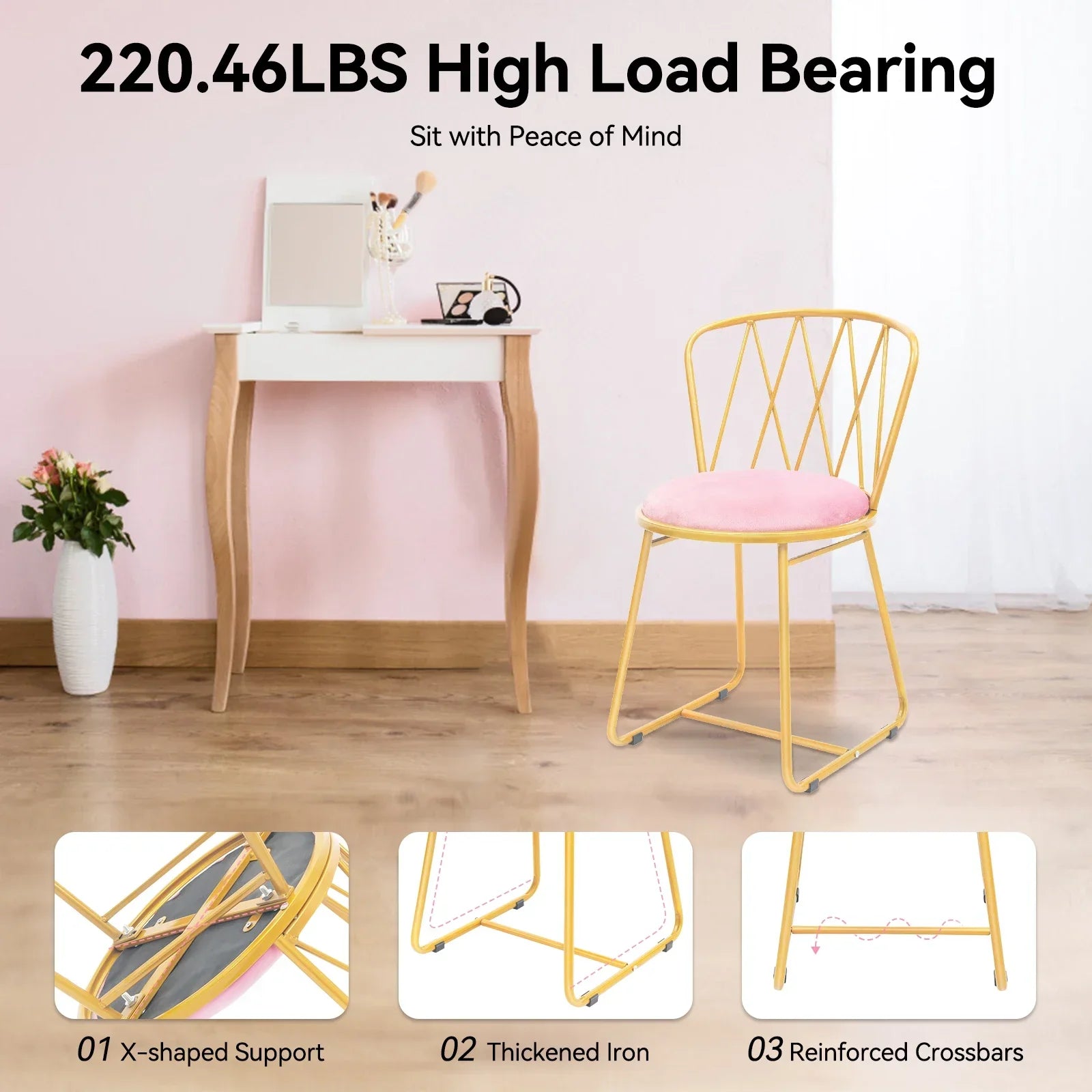 Pink Velvet Makeup Chair with Gold Base 50mm Thick Cushion & Modern Vanity Stool Foldable Backrest Freestanding