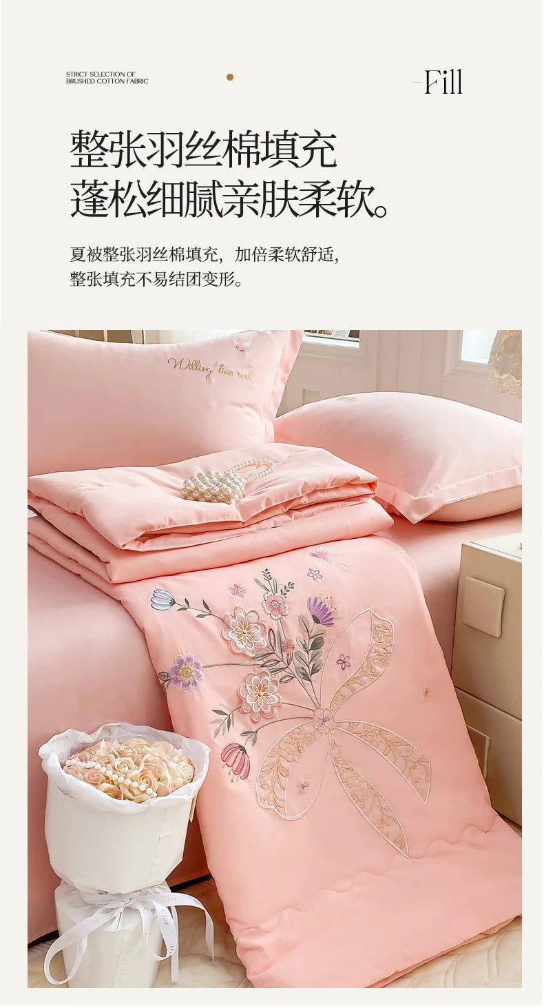 Super Soft Washed Cotton Three-Dimensional Flower Embroidered Summer Quilt Four-Piece Set