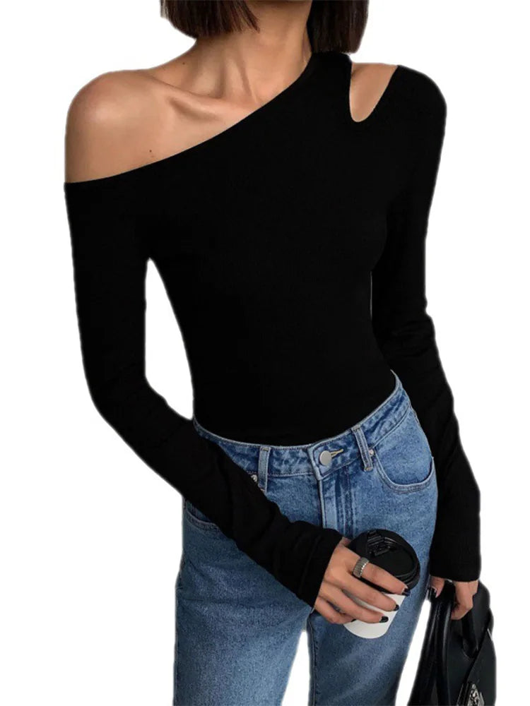 Skew Collar Off-shoulder Long-sleeved T-shirts Women Spring New Solid Slim Fit Crop Top Sexy Hollow Out Tees Shirts