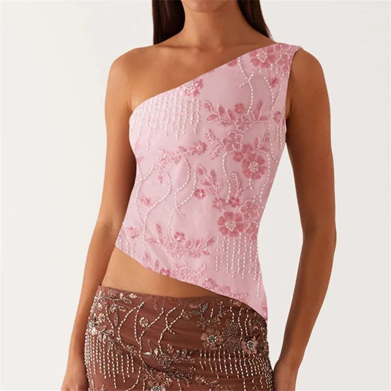 Women Y2k Sequin Sparkle Crop Tops Sexy One Shoulder Asymmetrical Backless Tank Top Glitter Beaded Rhinestone Slim Shirt