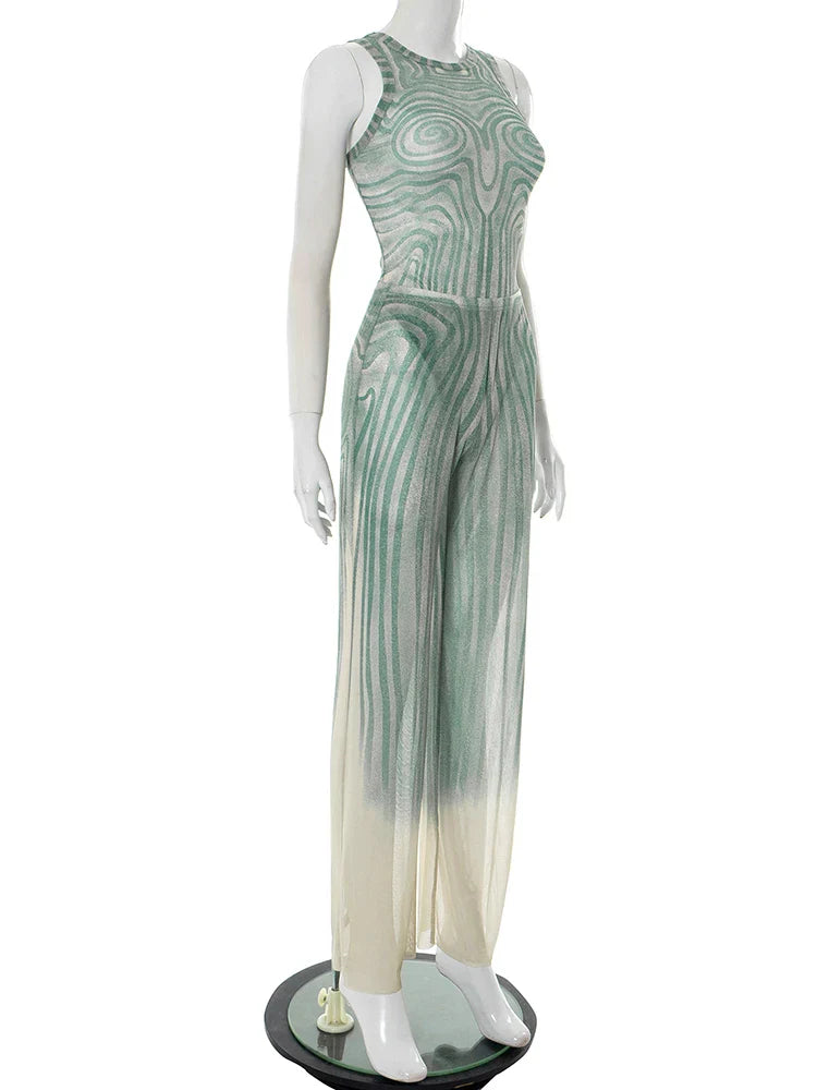 Geometric Print Patchwork 2 Piece Set Women o-Neck Skinny Bodysuit+Wide-leg Trousers Sexy Outfits