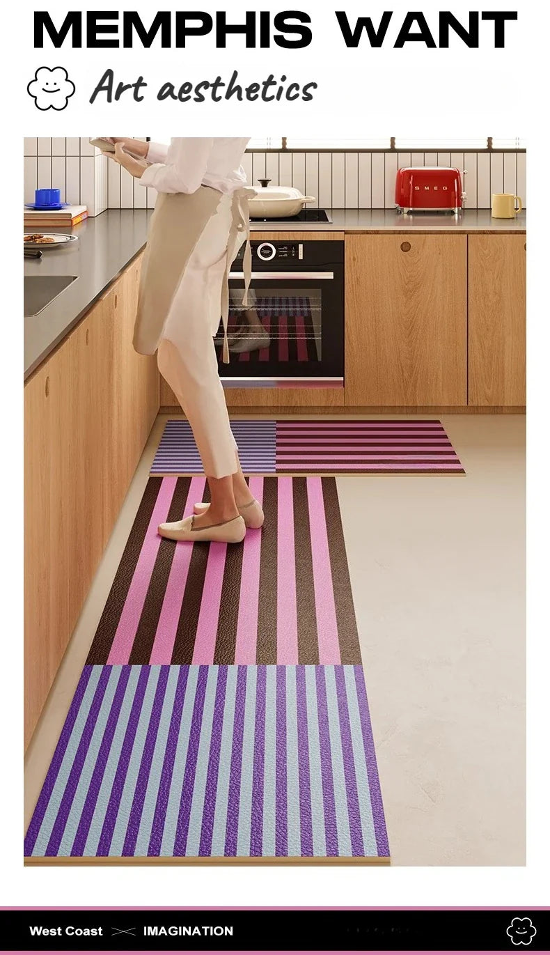Kitchen Carpet PVC Waterproof and Oil-proof Carpet Easy To Clean Cushioning Rugs Artistic Striped Decorative Carpet Mats